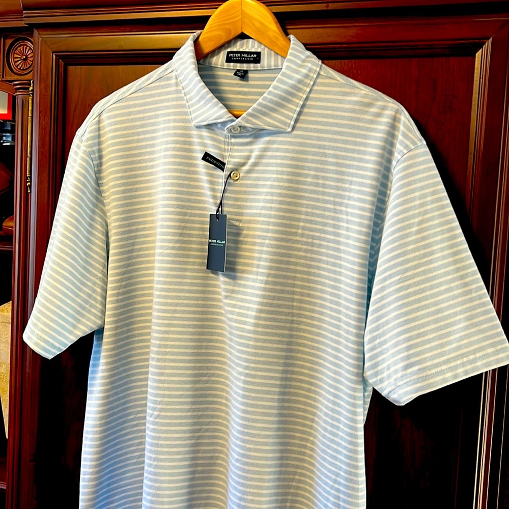 Brand New Peter Millar Crown Crafted White & Blue Striped Stretch Golf ⛳️ Polo!